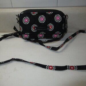 Vera Bradley Crossbody Wallet Parisian Pom Pom Black Pink EUC
